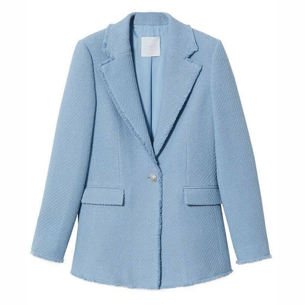 Mango Pale Blue Fringe-Trim Tweed Jacket